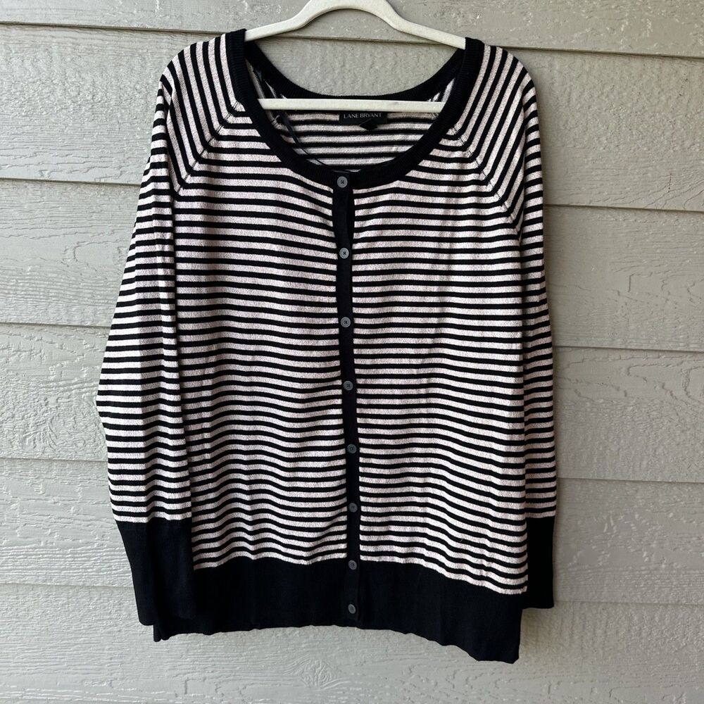 Lane Bryant Womens 22/24 Plus Size Black Beige Striped Metallic Cardigan Sweater